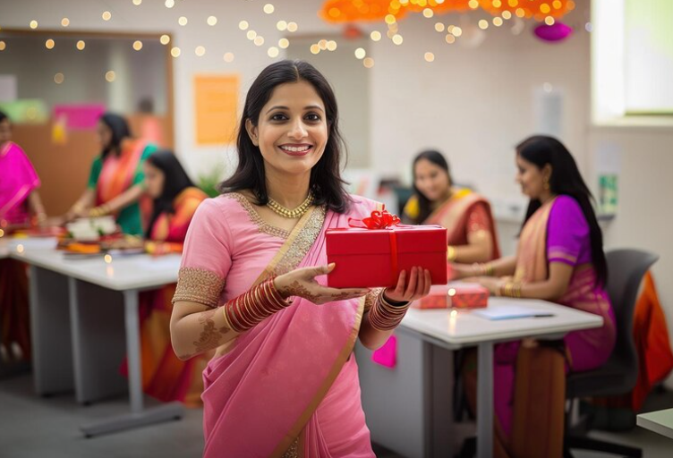 employee with diwali gift hamper of healthy millet snacks hamper